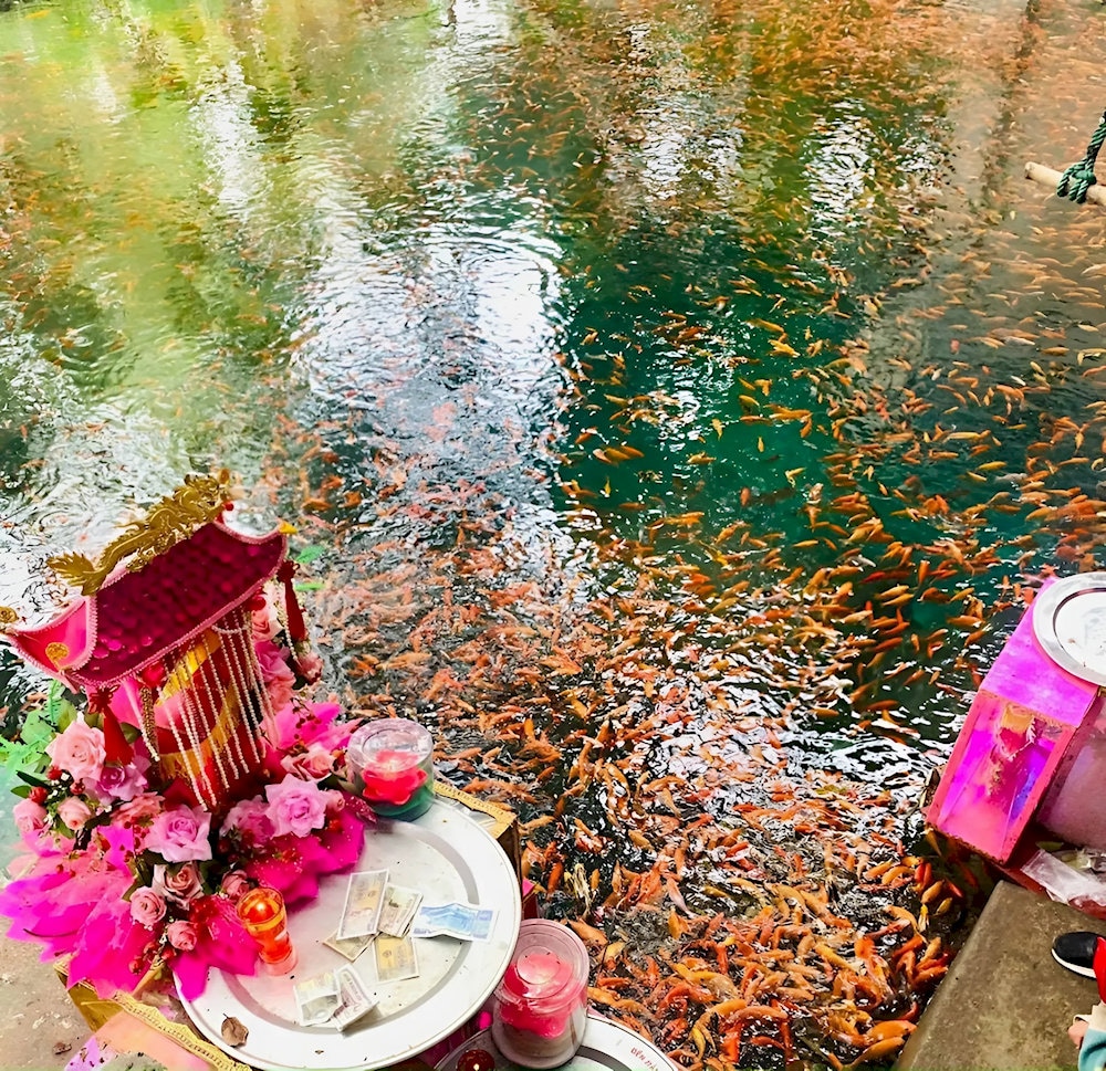 Dòng suối trong vắt nằm ngay trước lối vào đền